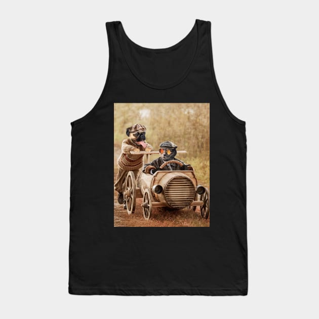 Cute Vintage Mid Century Art 50S Style Retro Racing Cat and Pug Tank Top by Sruthi